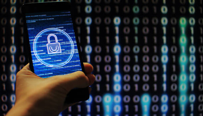 Increased security Chatgpt in igaming industry enhancing increased security with a smartphone displaying a digital lock icon against a binary code cybersecurity background.