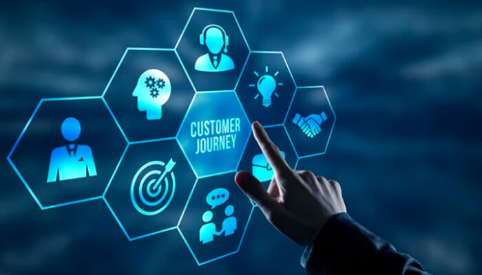 Personalizing-customer-journey-tycoonstory | tycoonstory media Hand pointing to'Customer Journey' on a digital display, symbolizing how marketing automation enhances the customer journey and engagement.