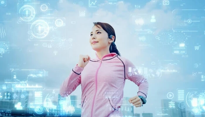 Safeguard user data Woman running while using femtech wearables that track health data and optimize performance, blending fitness and technology