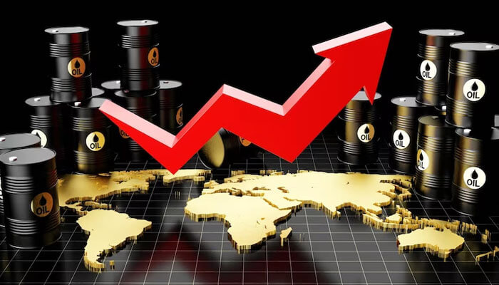 Oil-market-tycoonstory | tycoonstory media Oil barrels with a red upward arrow and a world map, representing the global increase in oil prices and market trends.