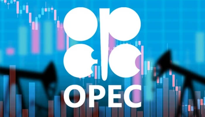 World energy markets Opec logo with a stock market graph and oil rig imagery, representing saudi arabia's influence on global oil prices and trading.