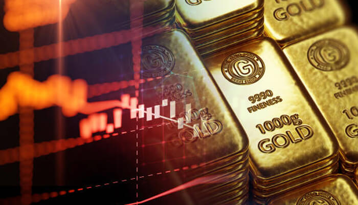 Acre gold price Gold bars with a stock market chart in the background, illustrating the connection between gold investment and financial growth, similar to acre gold's offerings.