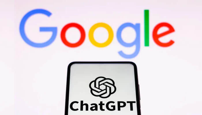 Chatgpt A side-by-side visual comparison featuring the colorful google logo in the background and a smartphone in the foreground displaying the openai chatgpt logo, representing the competitive landscape of ai search.