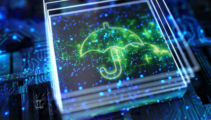 How to stay protected without cyber insurance - tycoonstory | tycoonstory media A glowing umbrella icon surrounded by digital patterns, representing the concept of cyber insurance, protecting businesses and individuals from cyber threats through innovative technologies.