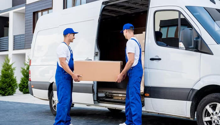 Packers and movers Two professional movers carrying a box from a van, highlighting the expertise of packers and movers in ensuring safe and organized transportation of belongings.