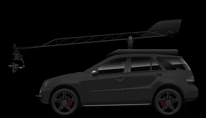 Arm systems Arm systems car rig showcasing a stabilized camera crane mounted on a vehicle for cinematic tracking shots.