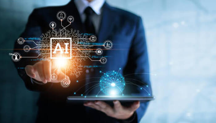 Digital engagement Digital engagement powered by ai technology, businessman interacting with holographic artificial intelligence interface on tablet device.