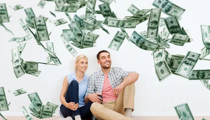 Money affects your relationships Money affects your relationships by influencing happiness and stability, shown by a smiling couple surrounded by falling cash.
