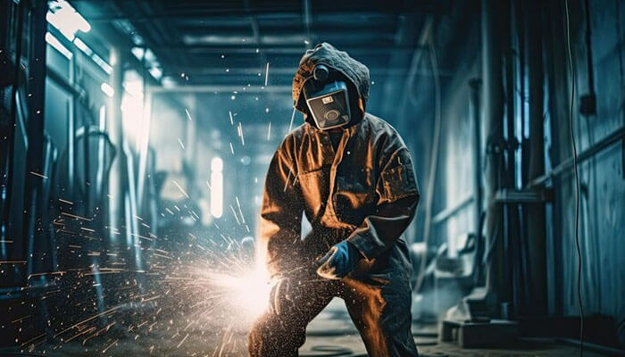 Using proper ppe A worker in full protective gear and a welding mask grinds metal inside a dim industrial facility, creating bright sparks that emphasize the risk of arc flash during high-intensity welding tasks.