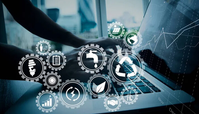 Sustainable technology Digital sustainability and technology icons over a laptop screen illustrating innovation, efficiency, and business growth through sustainable technology.