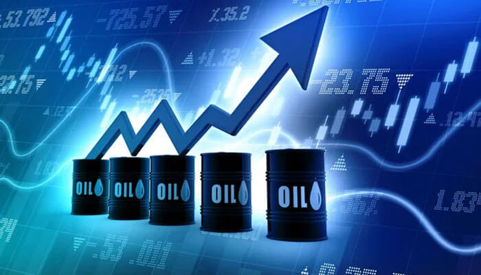 The price of oil and natural gas increased Rising oil barrels with an upward financial graph in the background, symbolizing increasing global oil prices influenced by market factors including russia.