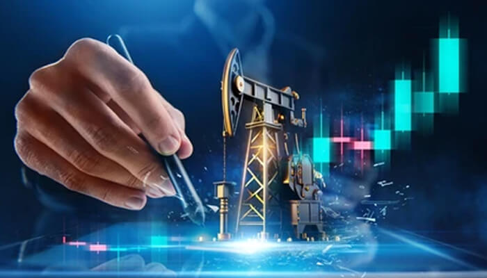 Oil producer - tycoonstory | tycoonstory media A digital illustration of an oil rig with rising stock charts, symbolizing russia’s role in global oil production and its economic impact.