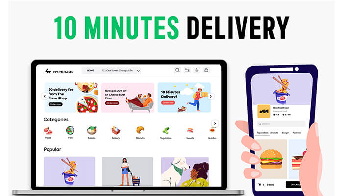 Hyperzod Laptop and smartphone displaying a food delivery interface with the headline “10 minutes delivery,” illustrating fast ordering features and user-friendly design offered by hyperzod.