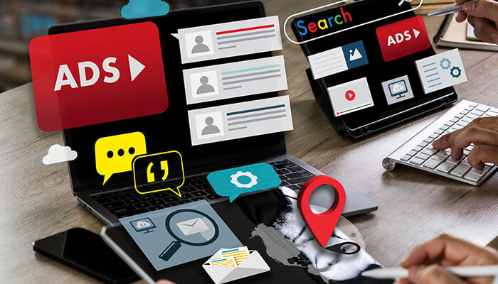 Diverse ad networks Multiple devices displaying ads, search features, and engagement metrics, illustrating various ad monetization solutions across platforms.