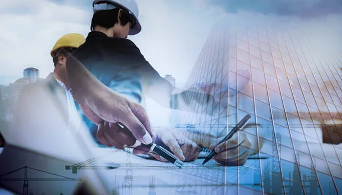Road construction Construction workers planning and drafting for road construction and building projects with blueprints and high-rise buildings in the background