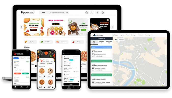 Hyperzod Multiple digital screens showing a food ordering and delivery platform interface on smartphones, tablets, and desktops, demonstrating the app ecosystem and logistics dashboard of hyperzod.