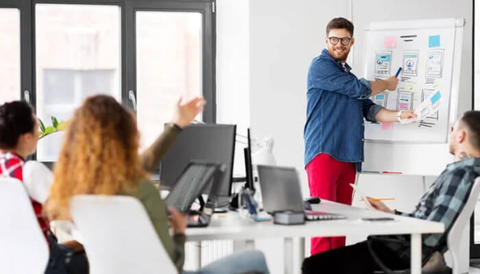 Ui/ux design A team collaborating on ui/ux design ideas in a meeting room, with one person presenting wireframes on a whiteboard and others providing input.