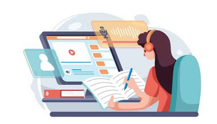 6 hacks to navigating student startups with limited funding - tycoonstory | tycoonstory media Illustration of a student studying online with notebooks and a laptop, learning skills for student startups.