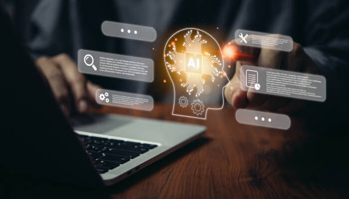 Absence of ai Enterprise search interface concept showing a user working on a laptop with digital ai icons and data panels floating on screen, representing intelligent search, automation, and advanced information retrieval systems.