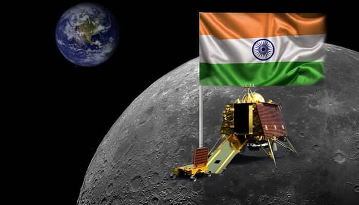 Chandrayaan - tycoonstory | tycoonstory media Chandrayaan-3 lander on the moon with the indian flag displayed prominently and earth visible in the background.