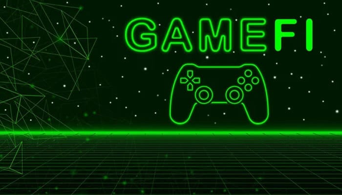 Community-and-nfts-in-gamefi-tycoonstory | tycoonstory media Gamefi logo with a green glowing controller, set against a digital grid background with abstract geometric shapes.
