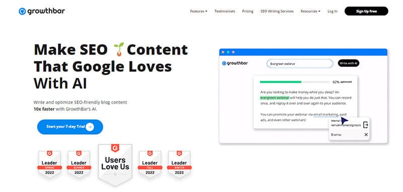 Growthbar - tycoonstory | tycoonstory media Growthbar ai homepage highlighting seo content creation and optimization ai tools