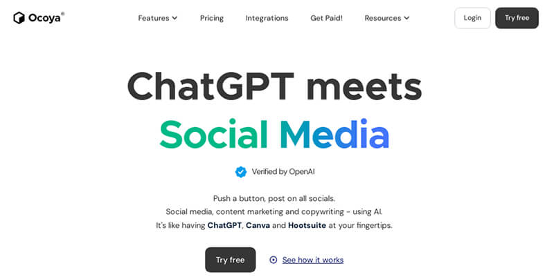 Ocoya - tycoonstory | tycoonstory media Ocoya platform homepage showing social media automation powered by ai tools