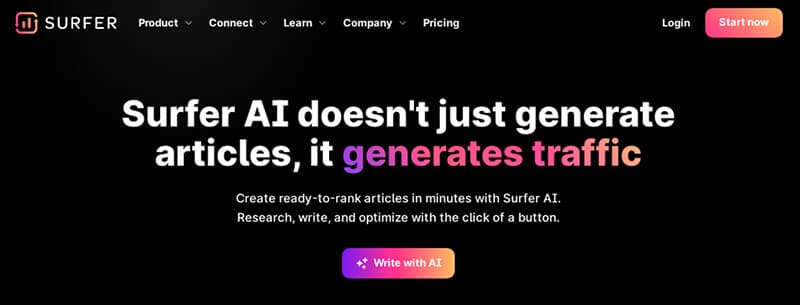 Ai tools Surfer ai homepage highlighting ai tools for generating seo-optimized articles and traffic