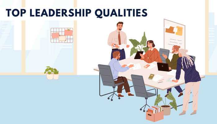 Top leadership qualities A team of professionals in a modern office setting engaged in a meeting around a table. The image, titled'Top Leadership Qualities,' highlights the concept of 'Modern Leadership Development,' with team members discussing leadership strategies and ideas, showcasing collaboration and effective communication.