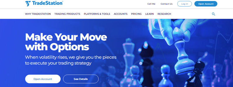 Backtesting software Tradestation website featuring backtesting tools for executing trading strategies, with a focus on options and volatility analysis.