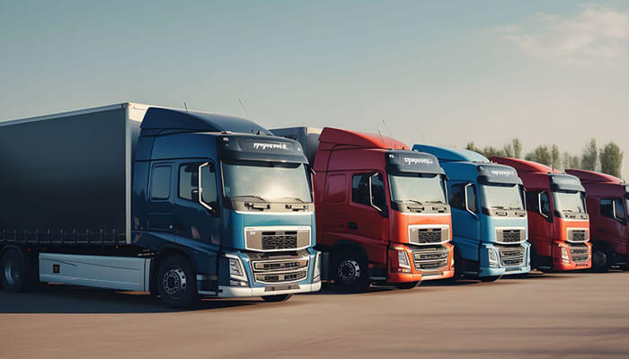 Business trailer A lineup of modern semi trucks with cargo units parked at a depot, showcasing multiple business trailers ready for freight operations.