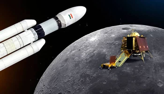 India India space mission graphic featuring an indian rocket approaching the moon with a lunar lander on the surface.