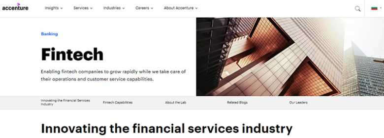 Accenture - tycoonstory | tycoonstory media Accenture fintech webpage showing a banner with tall modern buildings and text explaining fintech services for improving operations and customer service in the financial industry.