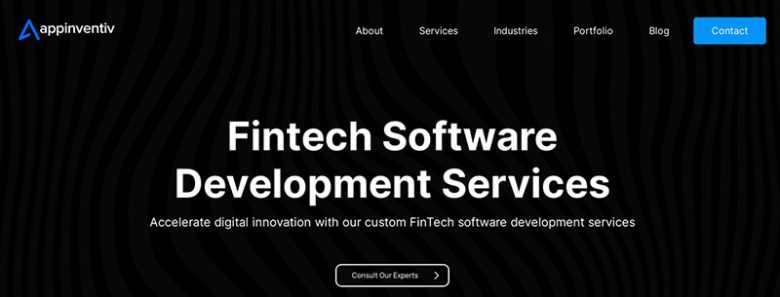 Fintech software development Website banner displaying the title ‘fintech software development services’ with navigation menu and a call-to-action button on a dark background.