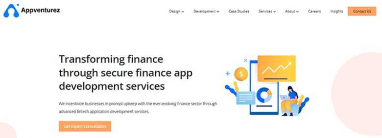 Appventurez - tycoonstory | tycoonstory media Appventurez website banner showcasing secure finance app development services with illustration of financial analytics and a consultation button.