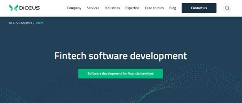 Diceus - tycoonstory | tycoonstory media Diceus website banner highlighting fintech software development services with a call-to-action button for financial services solutions.