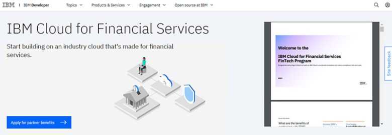 Ibm - tycoonstory | tycoonstory media Screenshot of the ibm cloud for financial services webpage showing the headline, icons of cloud and security solutions, and a button that says “apply for partner benefits. ”
