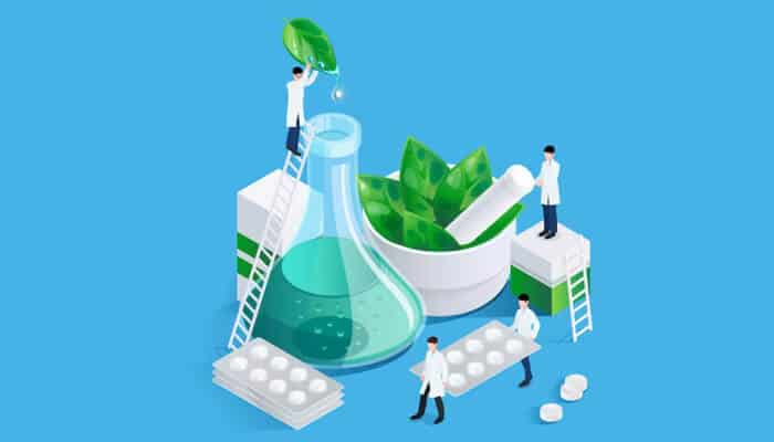 Dapagliflozin propanediol Illustration of pharmaceutical scientists formulating plant-based medicines and tablets, representing the production and innovation behind dapagliflozin propanediol.