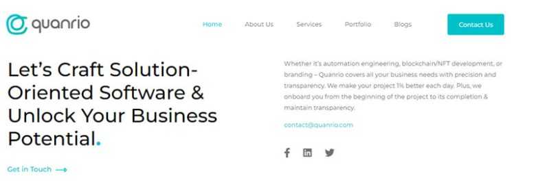 Quanrio - tycoonstory | tycoonstory media Quarnio website banner highlighting solution-oriented software development services with a call to unlock business potential and contact options.