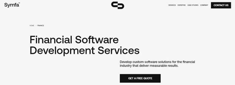 Symfa - tycoonstory | tycoonstory media Website banner of symfa showcasing financial software development services with a call-to-action button for a free quote.