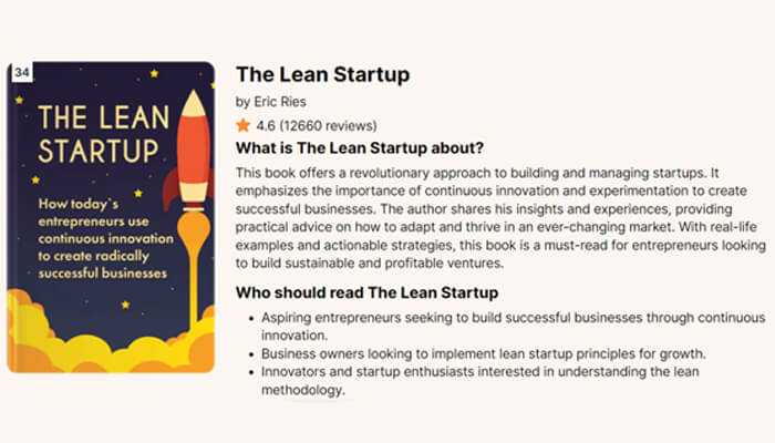 Inspiring books for entrepreneurs Book summary of the lean startup by eric ries, showcasing key insights and ratings, featured in inspiring books for entrepreneurs.