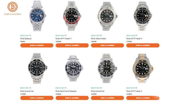 The rise of crypto luxury store Luxury rolex watches displayed for sale at the crypto luxury store for cryptocurrency shoppers.