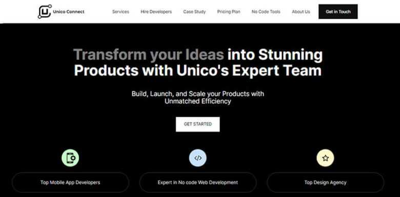 Unico connect - tycoonstory | tycoonstory media Unico connect website banner promoting expert team for transforming ideas into stunning digital products with options for mobile app, no-code web development, and design services.