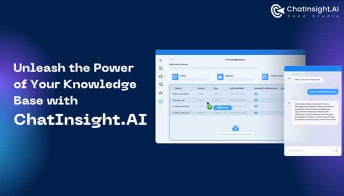 Ai-powered assistant bot Chatinsight. Ai platform interface with a knowledge base and ai-powered assistant bot, demonstrating how businesses can optimize their workflows.