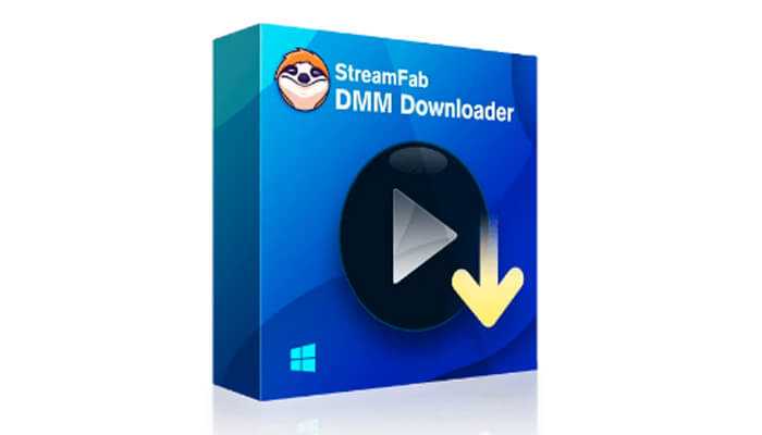 How to download dmm tv Box art for streamfab dmm downloader software, featuring a large play button with a downward arrow on a blue background.
