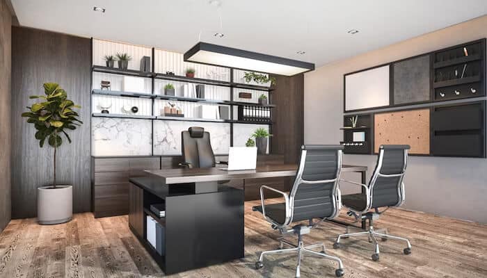Decor elements Modern executive office with elegant furniture and stylish decor elements, creating a sleek and professional workspace.