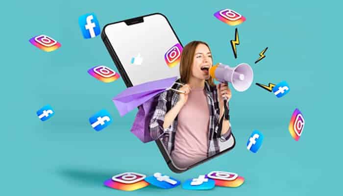 Facebook and instagram A woman stepping out of a large smartphone graphic while shouting into a megaphone, surrounded by floating facebook and instagram icons against a bright blue background.