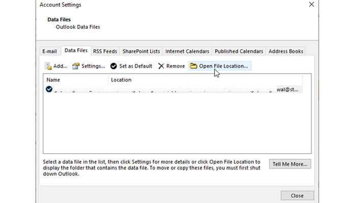 Pst file Outlook account settings window showing data files options, used for managing and locating pst file storage in microsoft outlook.