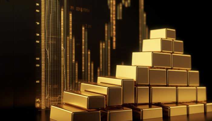 Gold in economic landscape Stylized 3d bar chart made of gold bricks, showing an upward trend line against a dark background, reflecting gold in economic landscape.
