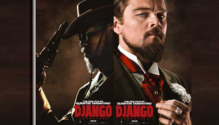 Leonardo dicaprio movies Movie poster showing two characters: one dressed as a cowboy holding a gun in silhouette, and the other dressed in an elegant suit with a stern expression, against a dramatic brown background with the title'Django Unchained' displayed below.